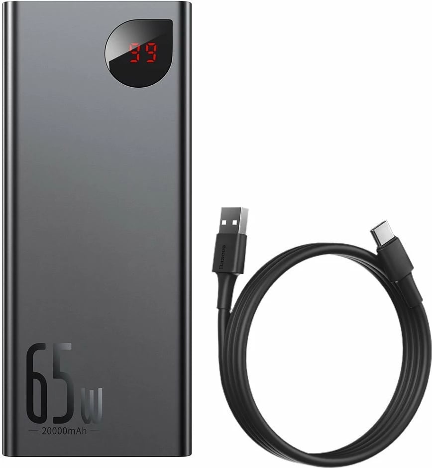 Powerbank Baseus Adaman PPIMDA-D01, 20000mAh, 65W, 2x USB-A, 1x USB-C, Ekran LCD, e zezë