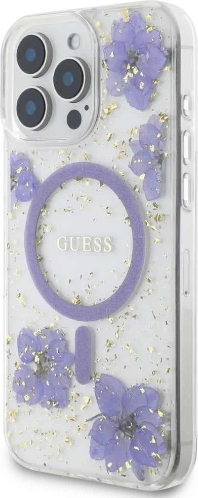 Mbështjellës MagSafe, Guess Resin Flowers, për iPhone 16 Pro 6.3", hardcase TPU/PC, vjollcë