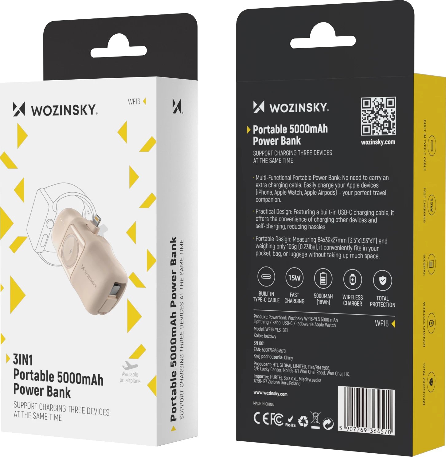 Powerbank Wozinsky WF16-YLS, 5000mAh, 15W, me kabllo USB-C të integruar dhe karikues për Apple Watch, Bezhe