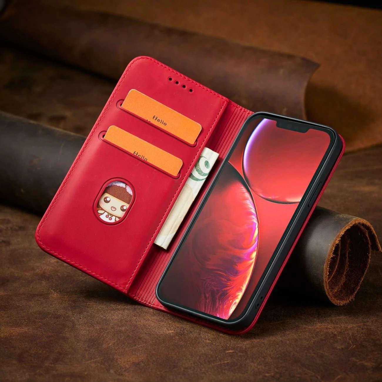 Mbështjellës Hurtel Magnet Fancy Case për iPhone 14 Pro, portofol, qëndrim, e kuqe