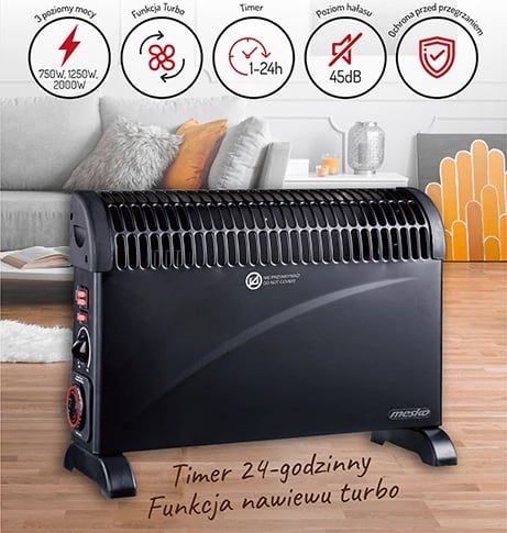 Ngrohës konvektor, Adler, MS 7741, 2000W, 3 nivele, termostat dhe timer 24h, Turbo fan, i zi