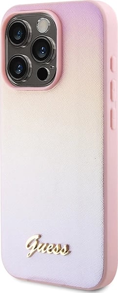 Mbështjellës Guess Saffiano Iridescent Script për iPhone 15 Pro, Rozë