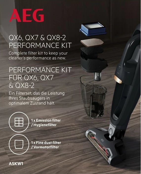 Set filterash AEG Performance Kit QX6-QX8, për fshesë me korrent, 2 copë, zi/blu/bardhë