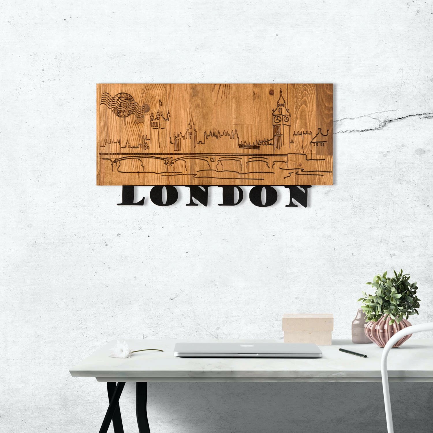 Aksesor dekorativ për mur, dru dhe metal, Wallity, London v2, ngjyrë e zezë dhe arre, 58x30cm