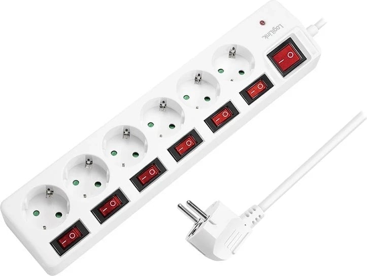 Kabllo vazhduese Logilink, 6 priza, 1.5 m, e bardhë