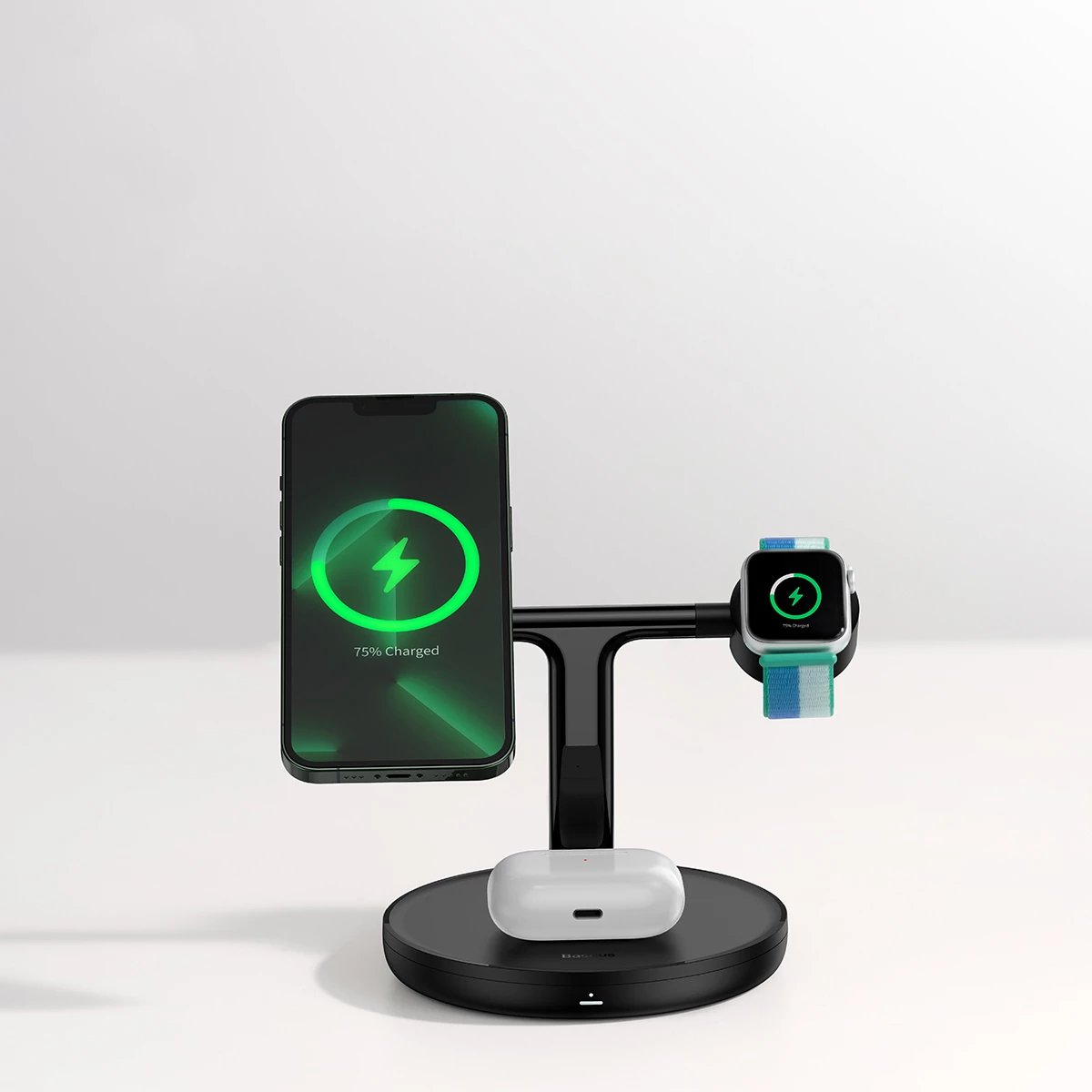 Karikues wireless 3-në-1 Baseus Swan me MagSafe, për iPhone, Apple Watch, AirPods, 1m USB-C, Zi