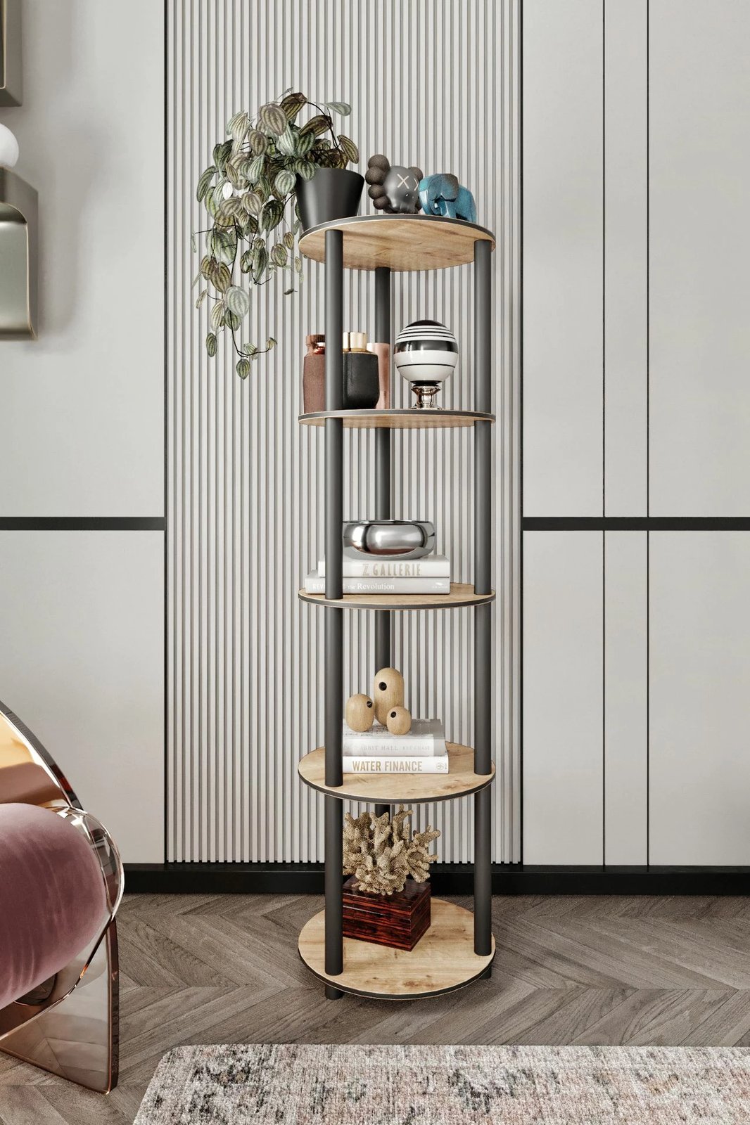 Raft librash Skye Decor, 5 kate, i rrumbullakët, ngjyrë lisi