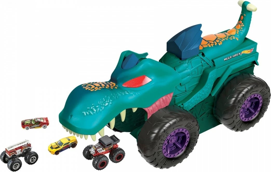 Lodër Hot Wheels Mega Wrex Car Eater Vehicle, me efekte zanore dhe dritash, për fëmijë, Set me makinë metalike, Ngjyrë kaltër/portokalli