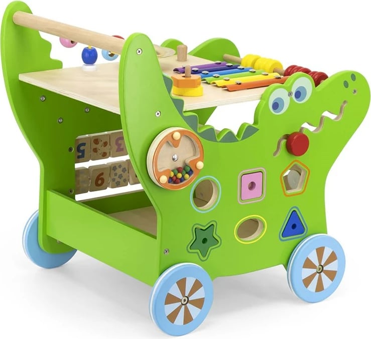 Ecëse druri për bebe, Viga, Crocodile, panel aktiviteti me numra e forma, rrota me goma antirrëshqitje, 12m+, e gjelbër