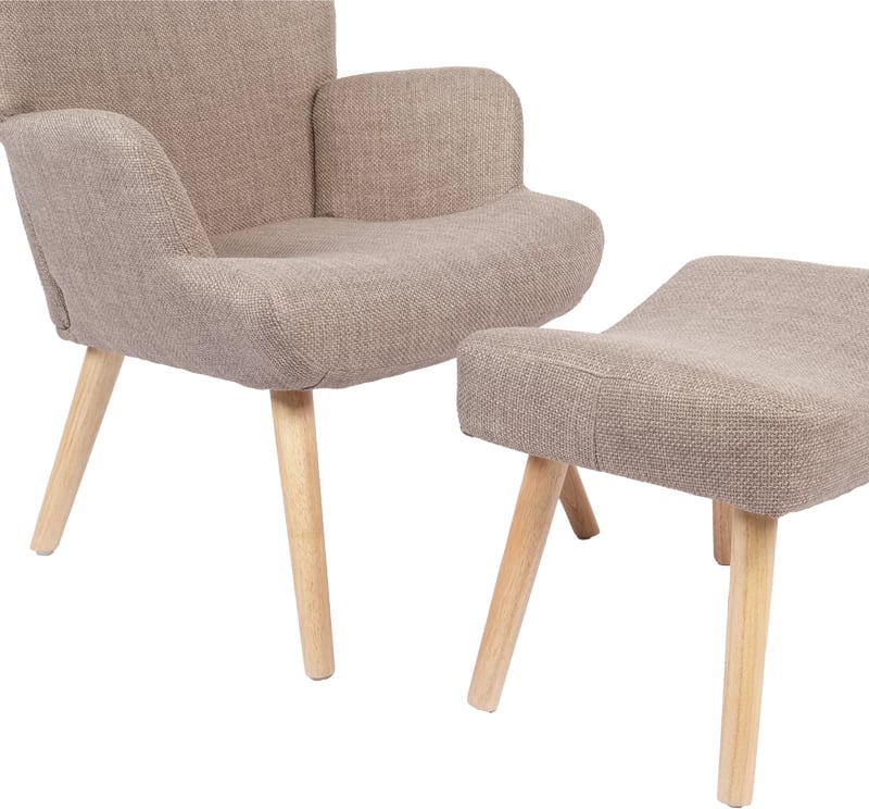 Fotel me tabure Gerlina, material gri-bezhë, këmbë ngjyrë natyrale, 71x64x94cm