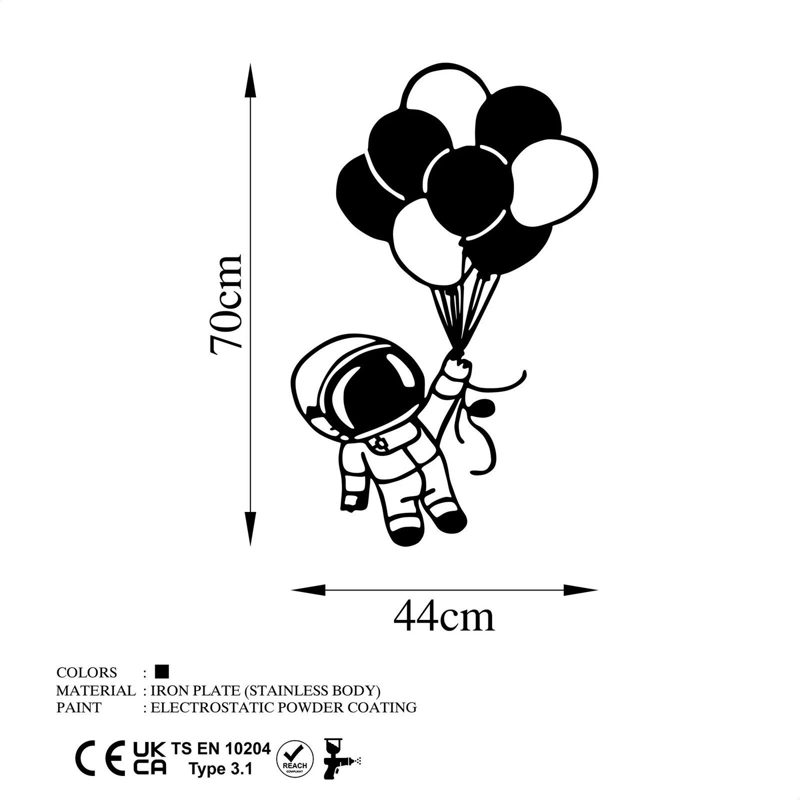 Aksesor dekorativ metalik për mur, astronaut me balona, Wallity, 44x70cm