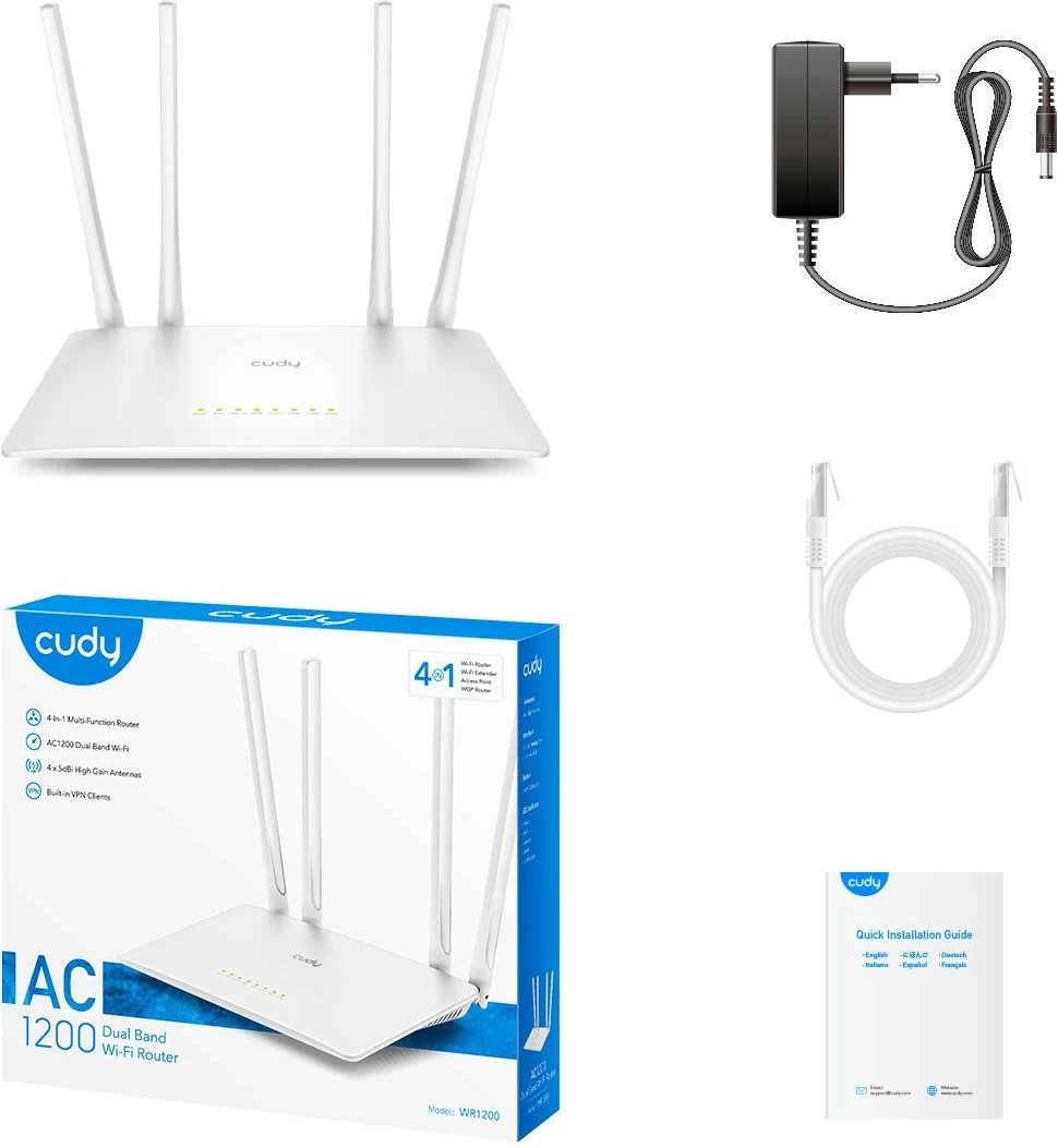Router Cudy WR1200, Wi-Fi 5, Dual-band, 4 porta LAN, Bardhë