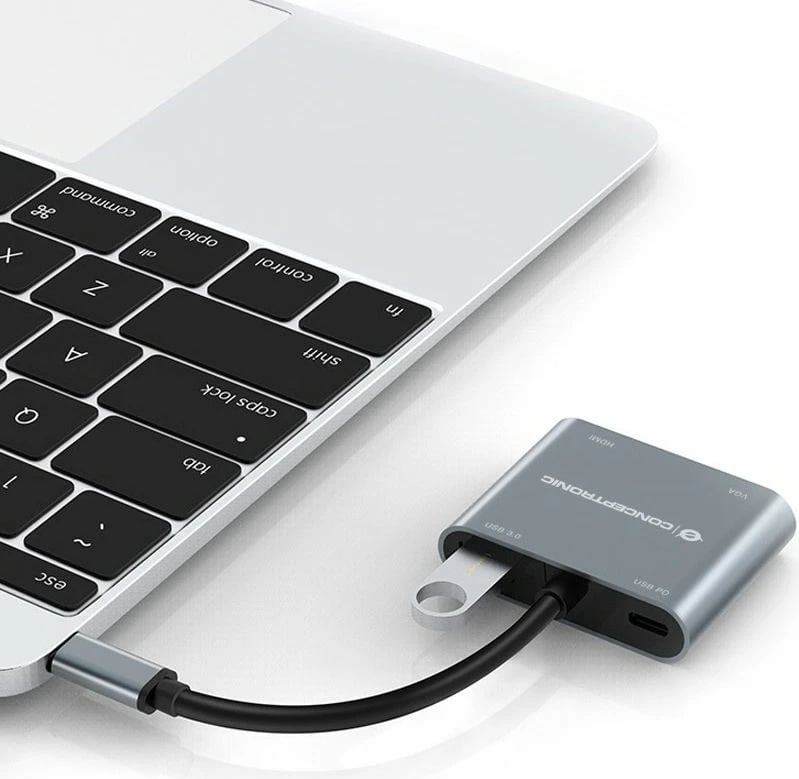 Dock Conceptronic 4-1 USB-C në HDMI, VGA, USB 3.0, 100W PD, 15cm, gri