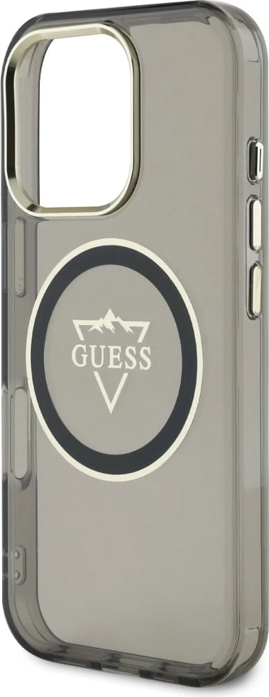 Mbështjellës Guess IML Metal Mountain Logo MagSafe për iPhone 16 Pro, i zi