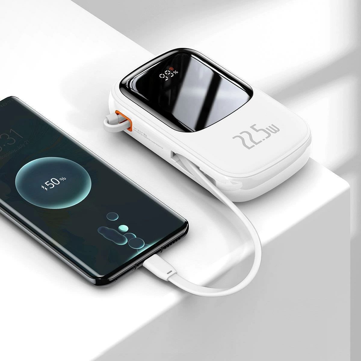 Powerbank Baseus Qpow, 20000mAh, 22.5W, me kabllo USB-C të integruar, Bardhë