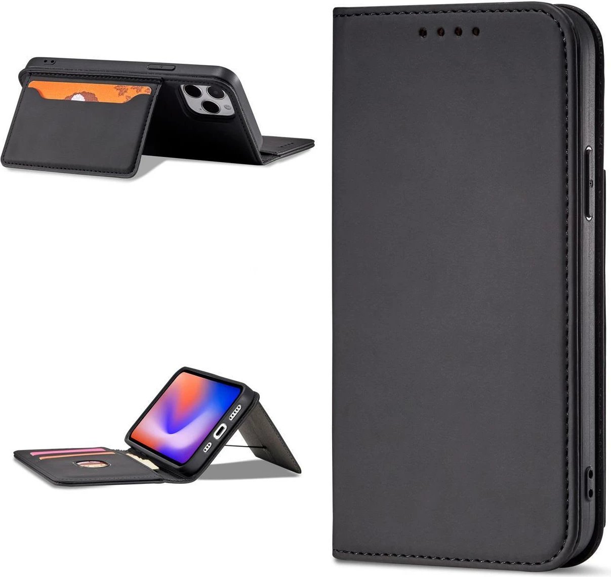 Mbështjellës Hurtel Magnet Card Case për iPhone 12, me portofol dhe mbajtëse, e zezë