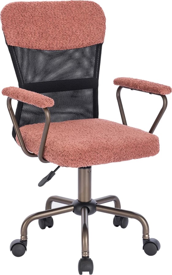 Karrige zyre Bell, stof boucle rozë e zbehtë, bazë metalike gunmetal, 54x52x92cm