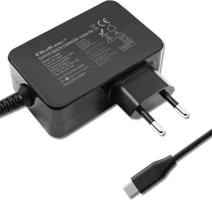 Karikues mur Qoltec GaN Power Pro 52388, 100W, 1x USB-C, 1.7m, Zi