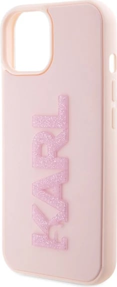 Mbështjellës Karl Lagerfeld 3D Rubber Glitter Logo për iPhone 15 Plus, rozë