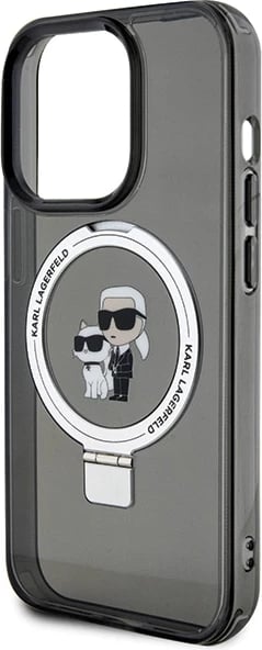 Mbështjellës Karl Lagerfeld KLHMP15LHMRSKCK për iPhone 15 Pro 6.1", me unazë Ring Stand Karl&Choupette, MagSafe, zi