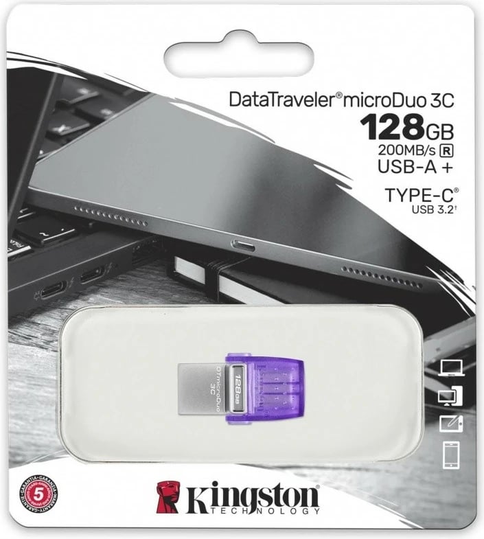 Pendrive Kingston DataTraveler MicroDuo 3C G3, 128GB, USB-A/USB-C, Gri/Vjollcë