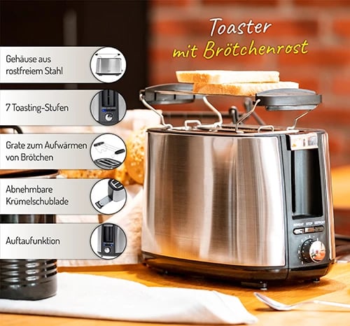 Toster, Adler AD 3214, 2 feta, 7 nivele pjekjeje, funksione Reheat/Defrost/Stop, 900W, inox/argjent