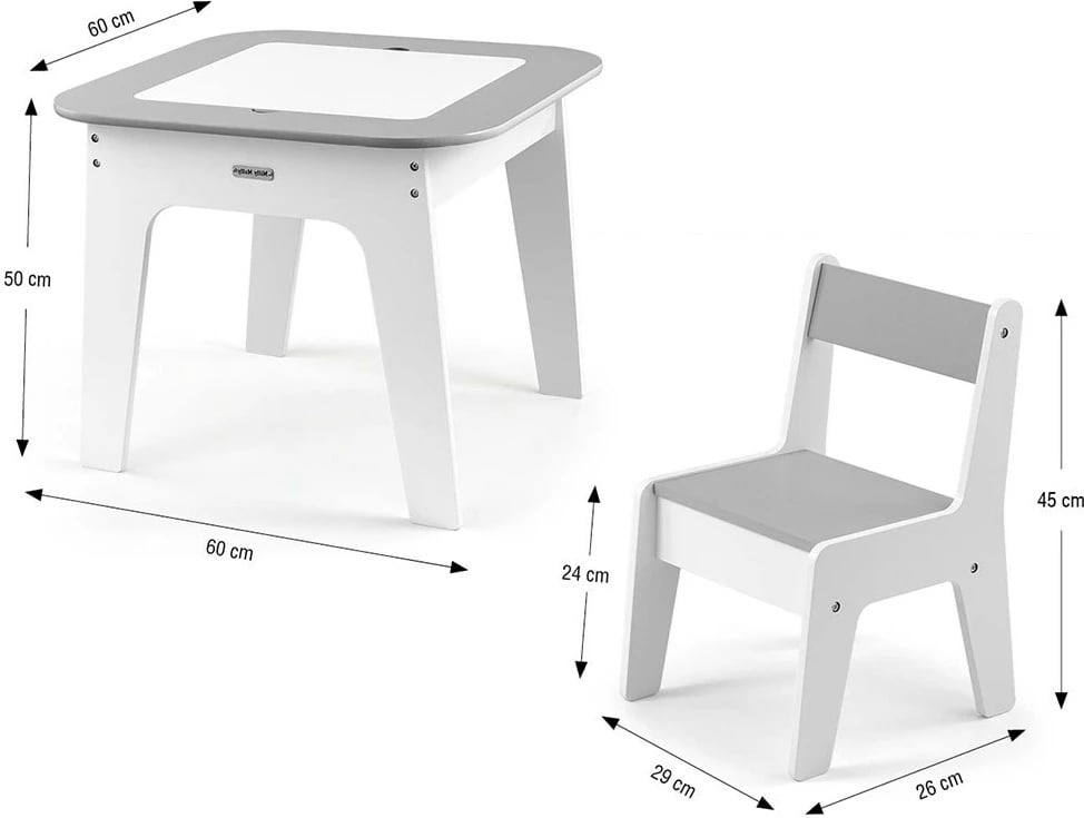 set tavolinë + 2 karrige fëmijësh, Milly Mally Olaf, kapak i dyanshëm me tabelë shkumësi, hapësira magazinimi, MDF, gri