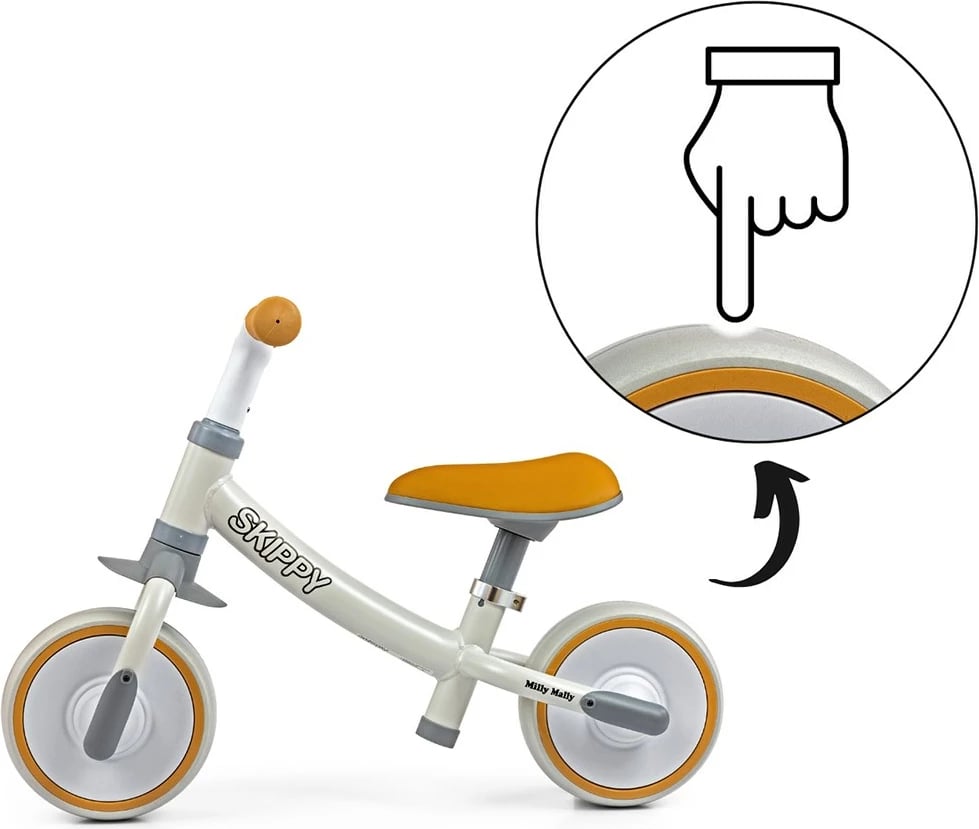bicikletë pa pedale, Milly Mally, Skippy, kornizë çeliku, rrota EVA pa shpim, sedile e rregullueshme, 18+ muaj, ngjyrë e bardhë