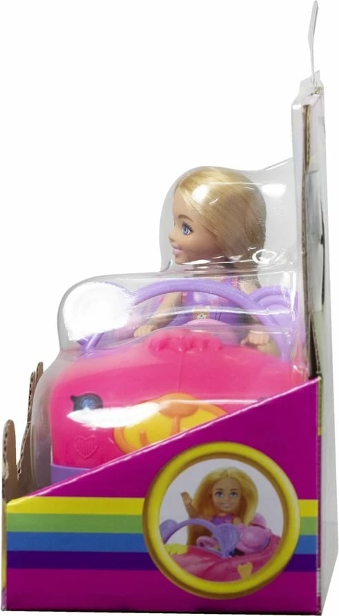 Set lodrash Barbie Chelsea me kukull të vogël bionde, makinë lodër dhe ariush, shumëngjyrëshe