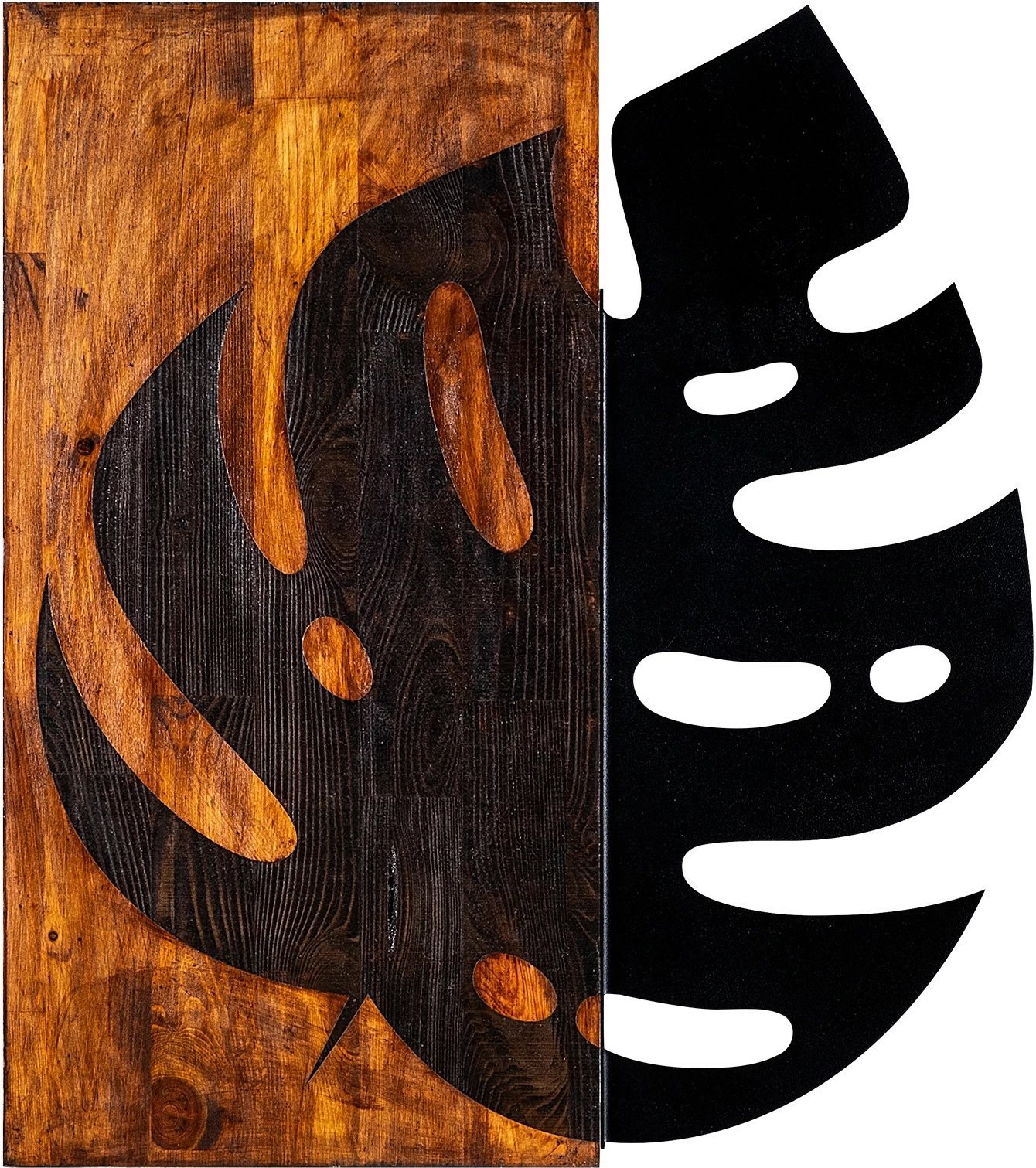 Aksesor dekorativ për mur, dru dhe metal, gjethe, Wallity, ngjyrë arre dhe e zezë, 52x58cm