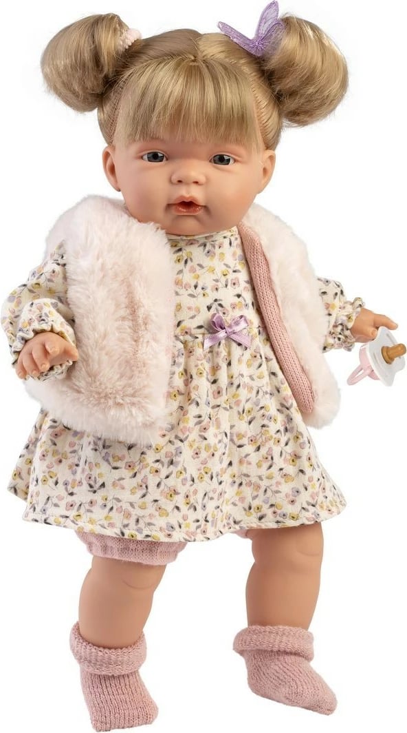 Kukull Llorens Joelle 38 cm, trup i butë, fustan me lule, për vajza