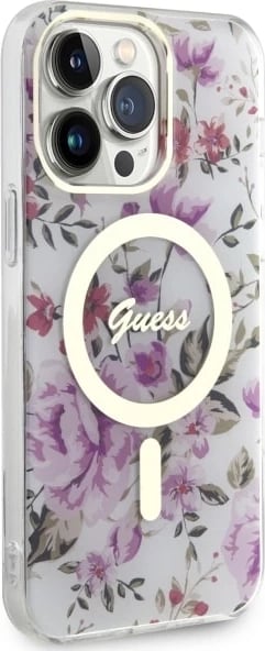 Mbështjellës Guess GUHMP14LHCFWST për iPhone 14 Pro 6.1", transparent, Flower MagSafe