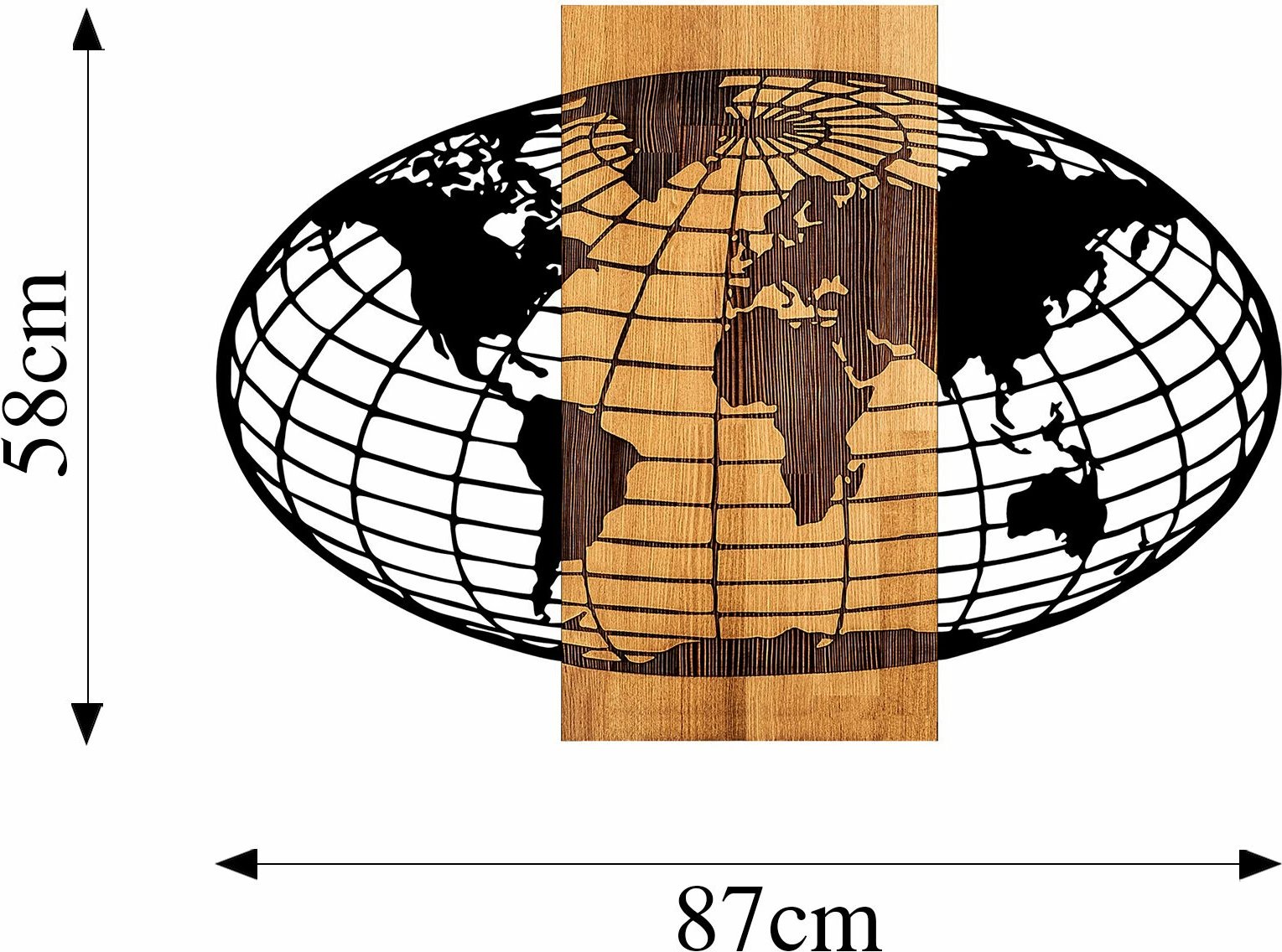 Aksesor dekorativ për mur, hartë bote, dru dhe metal, Wallity - 332