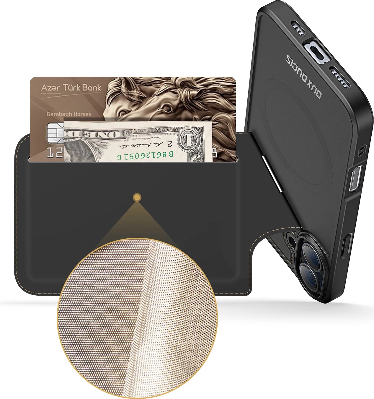 Mbështjellës Dux Ducis Rafi II Mag për iPhone 16, me MagSafe, portofol RFID, me mbajtëse, i zi