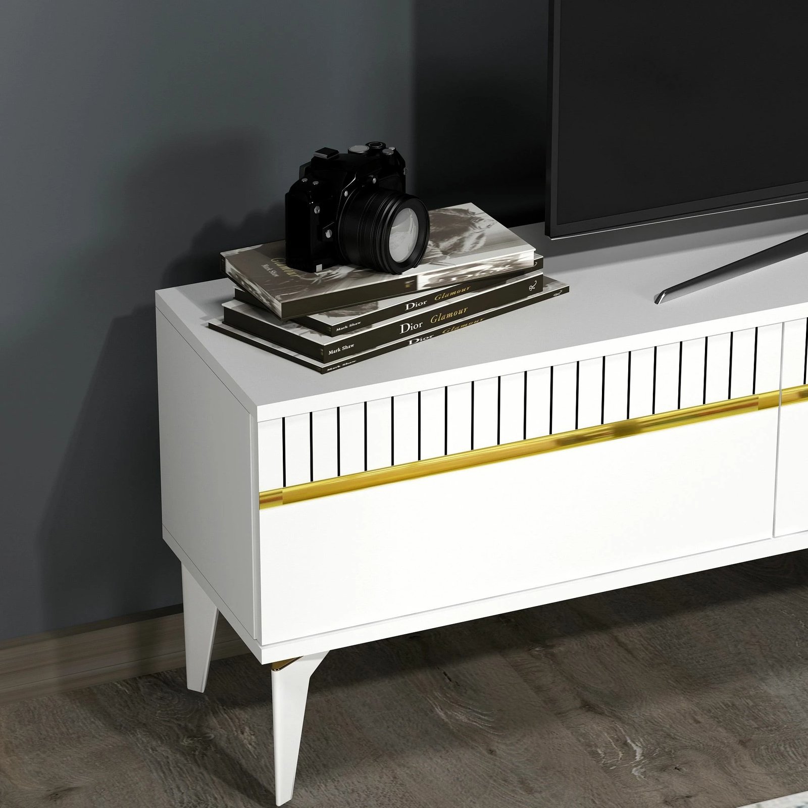 Komodë TV Skye Decor, e bardhë, ar