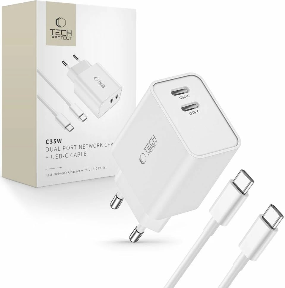 Karikues rrjeti Tech-Protect C35W me 2x USB-C PD 35W dhe kabllo USB-C/USB-C, Bardhë set
