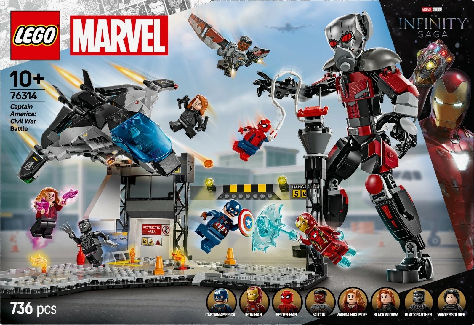 Set LEGO Marvel Captain America: Civil War - Battle 76314, 736 pjesë, për fëmijë 10+, plastikë