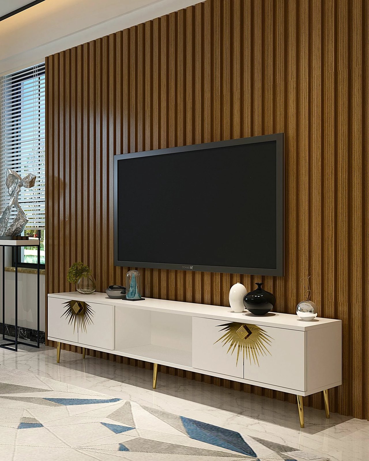 Komodë për TV, Skye Decor, e bardhë, e artë