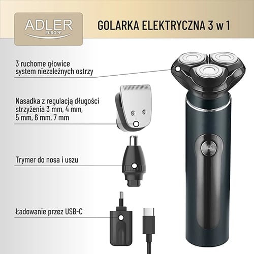 Makinë rroje, Adler, AD 2940 3 në 1, IPX7 Wet & Dry, LCD, USB-C, 60 min, me kuti udhëtimi