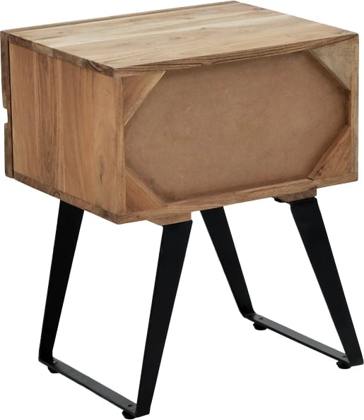 Komodinë anës krevati Imena, dru akacie natyrale, këmbë metalike të zeza, 45x35x56cm