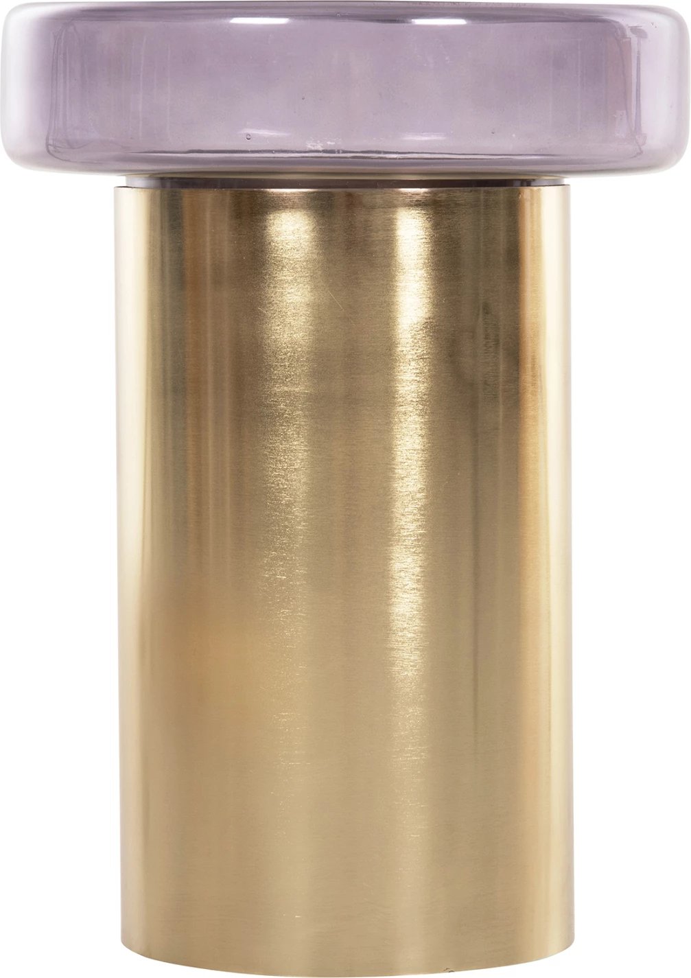 Tavolinë anësore e rrumbullakët, xham ngjyrë vjollcë, bazë metalike e artë, FH9728, Φ39x54H cm