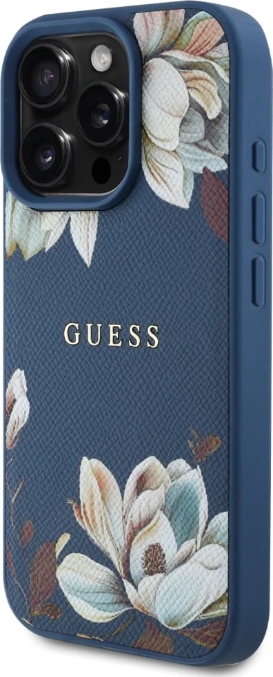 Mbështjellës Guess Grained Printed Flower Pattern MagSafe për iPhone 16 Pro Max, Blu