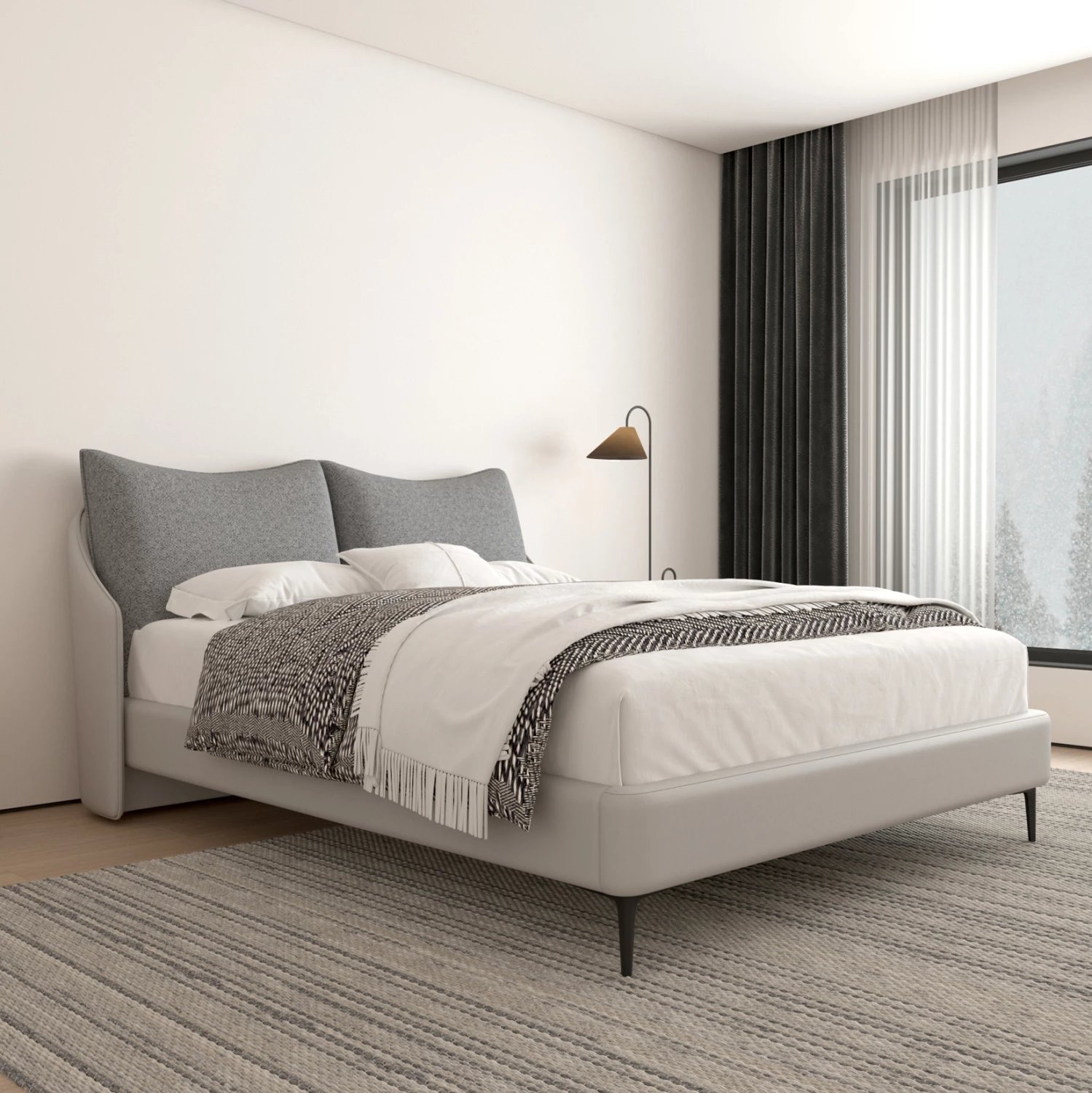 Krevat dopio Brittania, material stof & PVC, ngjyrë gri, këmbë metalike të zeza, për dyshek 160x200cm