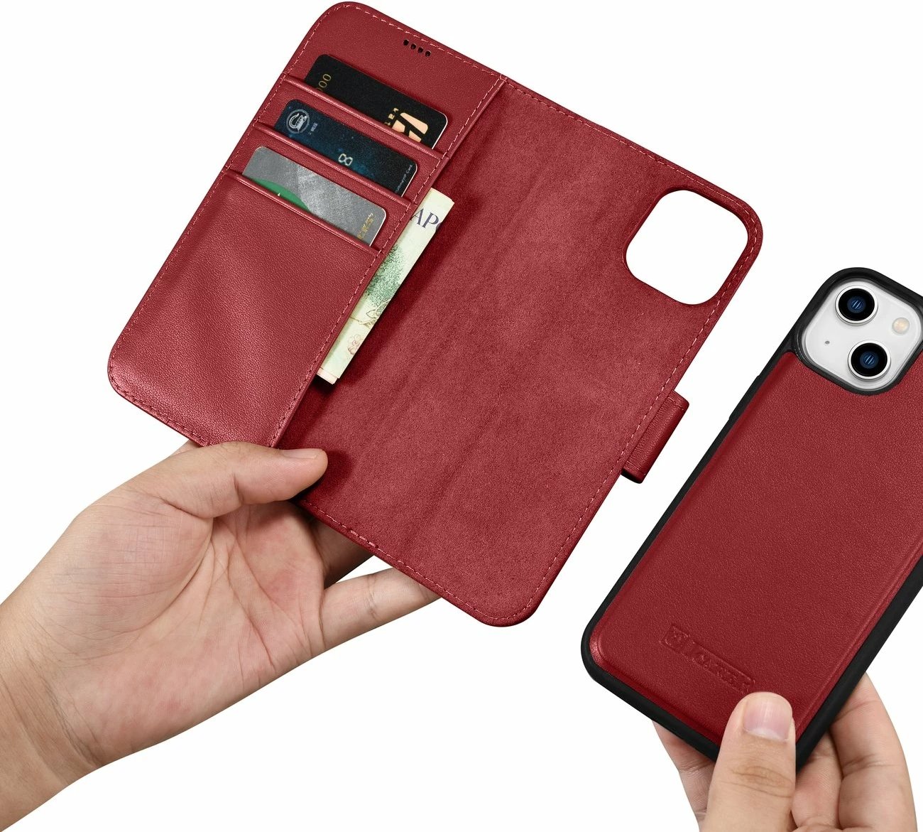 Mbështjellës iCarer Wallet Case 2in1 për iPhone 14 Plus, lëkurë natyrale, Anti-RFID, Kuq