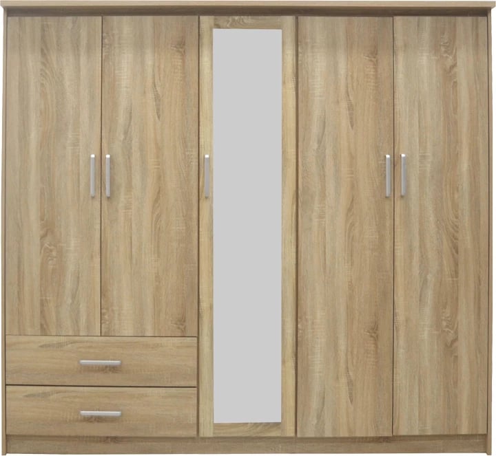 Dollap Olympus me 5 dyer dhe sirtarë+pasqyrë, ngjyrë lisi e çelët, 198x57x183