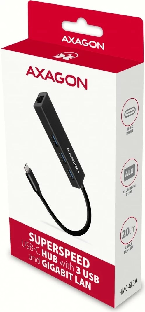 Multiport USB hub AXAGON HMC-GL3A, 3x USB-A 3.0, GLAN, kabllo USB-C 20cm, i zi