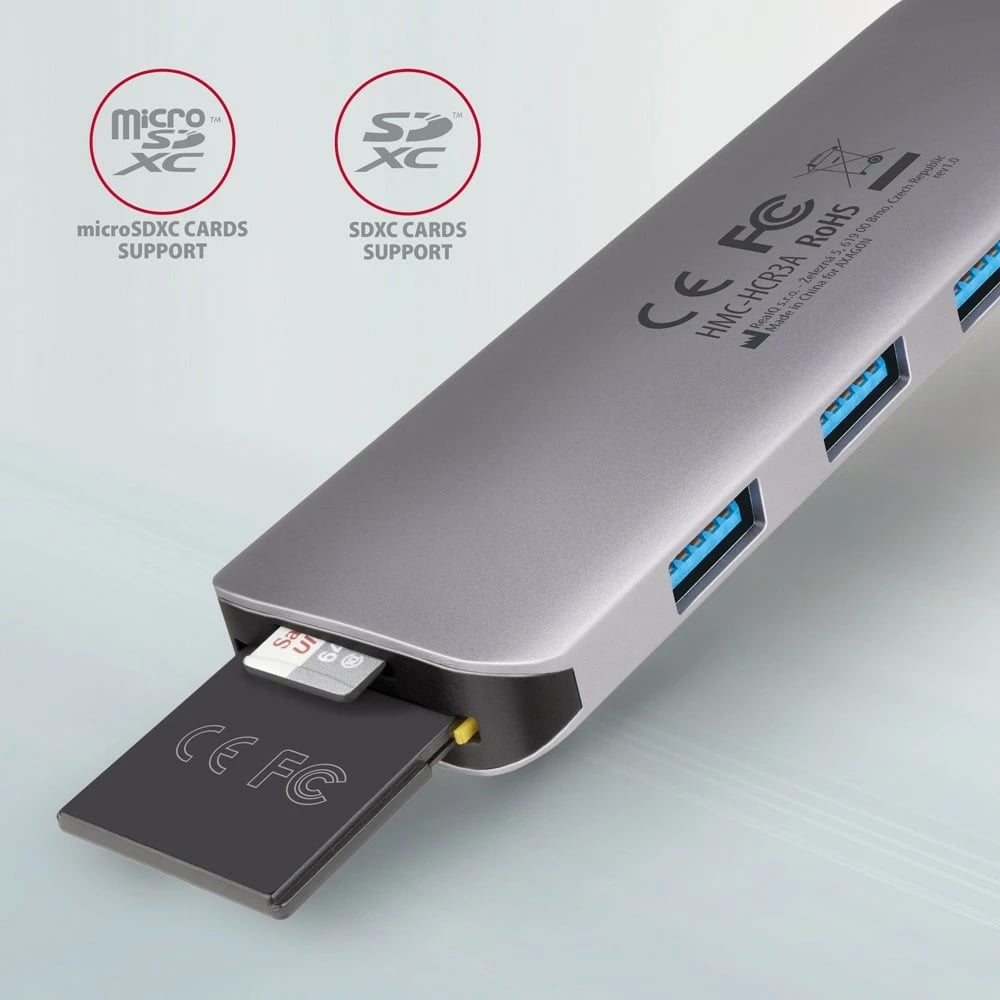 Kasë multiport AXAGON HMC-HCR3A, 3x USB-A, HDMI, SD/microSD, USB-C 3.2 Gen1, 20cm, Gri