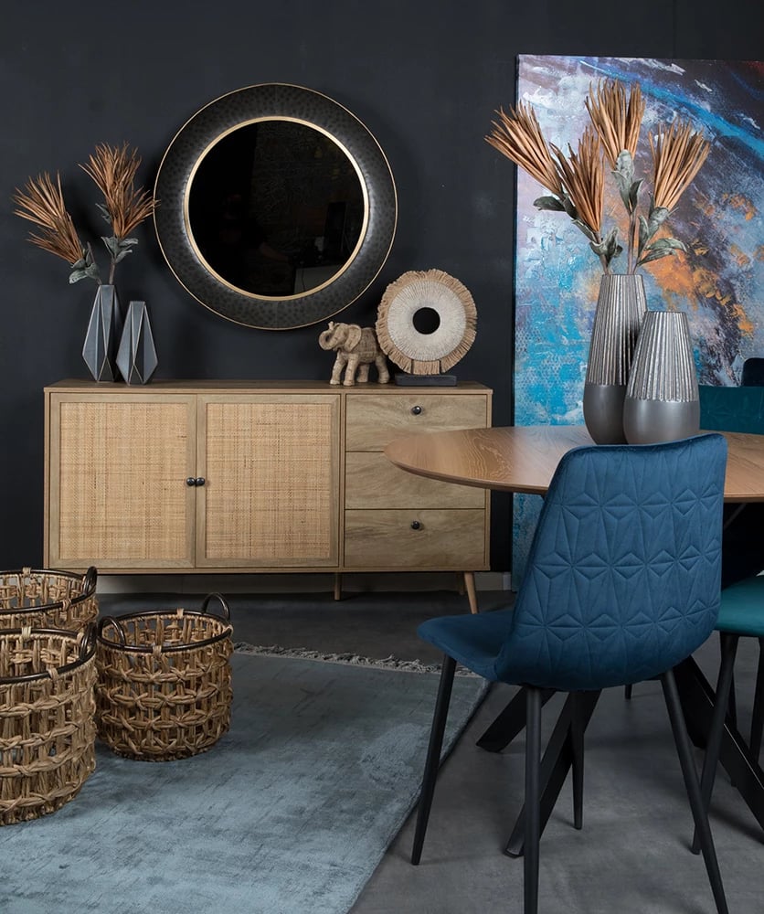 Komodë Ammos me 3 sirtarë, natyrale me ratan, 150x39x79