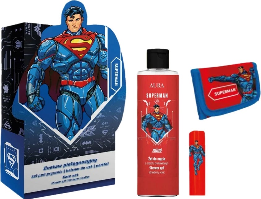 Set për djem Aura Superman xhel dushi 200ml, balsam për buzë 3.8g, portofol