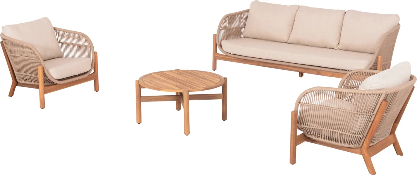Set salloni për jashtë 4 pjesë SANJI, dru akacie, kornizë alumini, litar